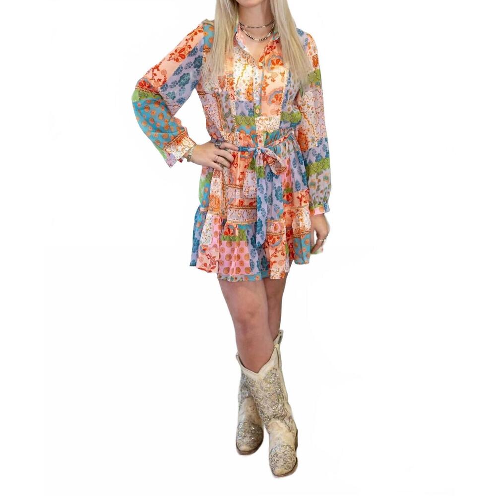 NEW SWEET GENERIS boho floral patchwork chiffon western mini shirt dress in blus